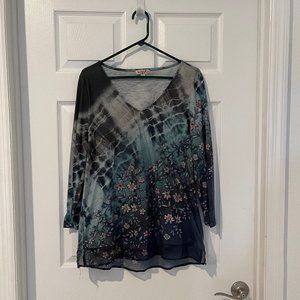 One World Faux Layered All Over Print Floral Blue Green 3/4 Sleeve Top Sz L VGUC
